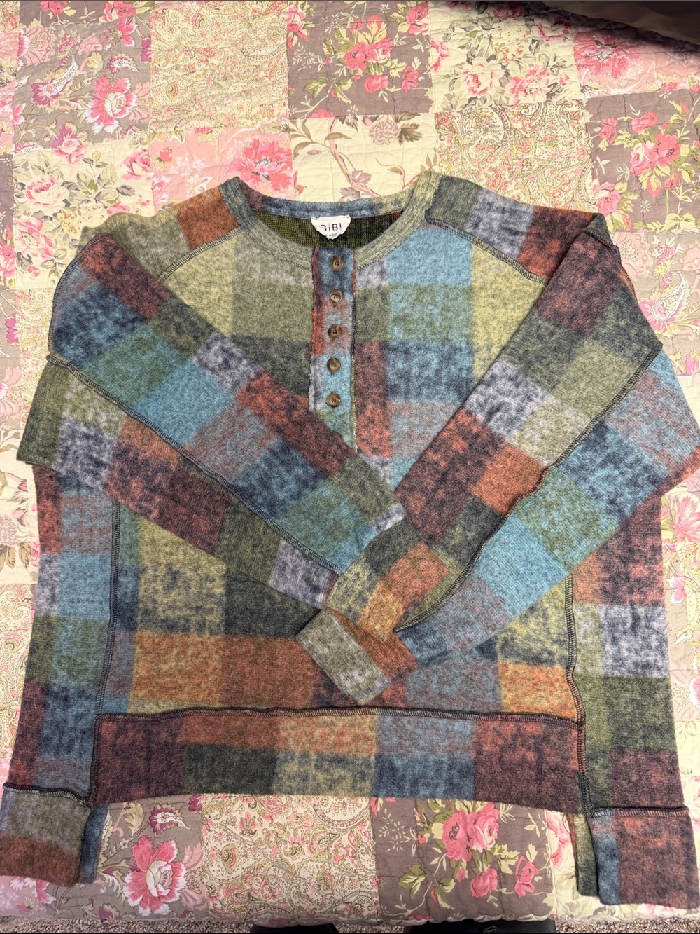 BiBi Multicolor Plaid Crewneck Henley Sweater - Blue, Green, Rust, Gray, Cream